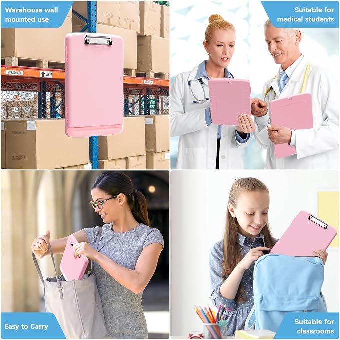 Hongri Clipboard with Storage with Pencil Case, 8.5 x 11 Storage Clip Board | High Capacity Organization Box for A4 Letter Legal Paper, Heavy Duty Folio & Side-Opening for Nurses, Teachers, Pink