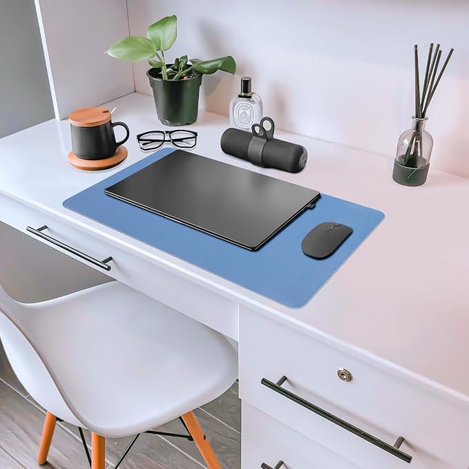 Leather Desk Pad Mat, Blue Desk Mat, 23.6" x 13.7" | Non-slip and Waterproof Computer Mat, Desk Protector for Office/Home, Desk Accessories