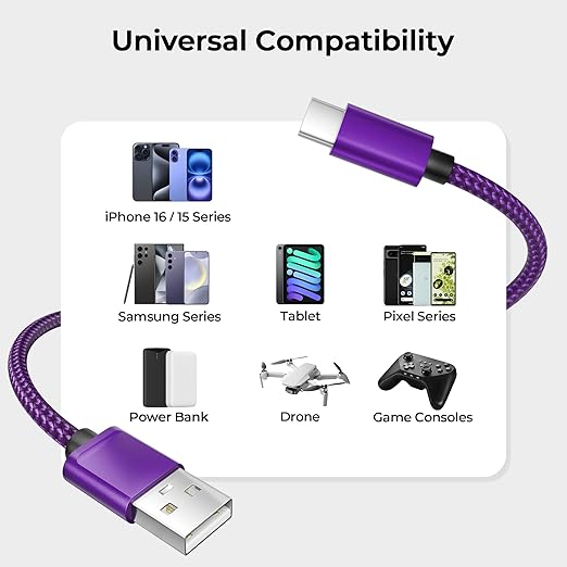 Basesailor USB Type C Charger Cable 10FT 2Pack,Nylon Charging Cord for iPhone 17 16 Pro Plus Max,Samsung Galaxy Z Flip,Note 20 10,S10 S10E 10E S20 FE S23 S24 S22 Ultra,A52 A53 A54,Google Pixel 7 6 XL