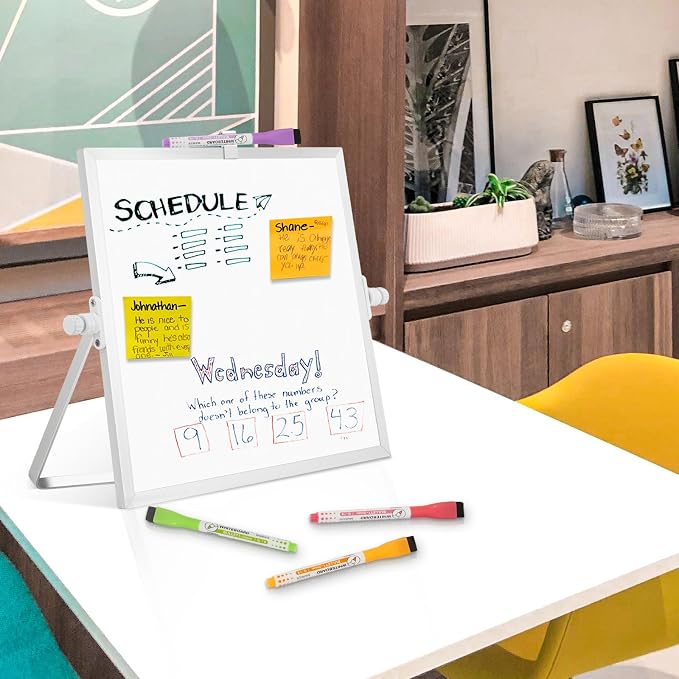 Double-Sided Magnetic White Board with Stand, 10" x 10" | Dry Erase Board with Stand, Desktop Whiteboard Easel , Portable Small White board dry erase for Drawing, Office, Home