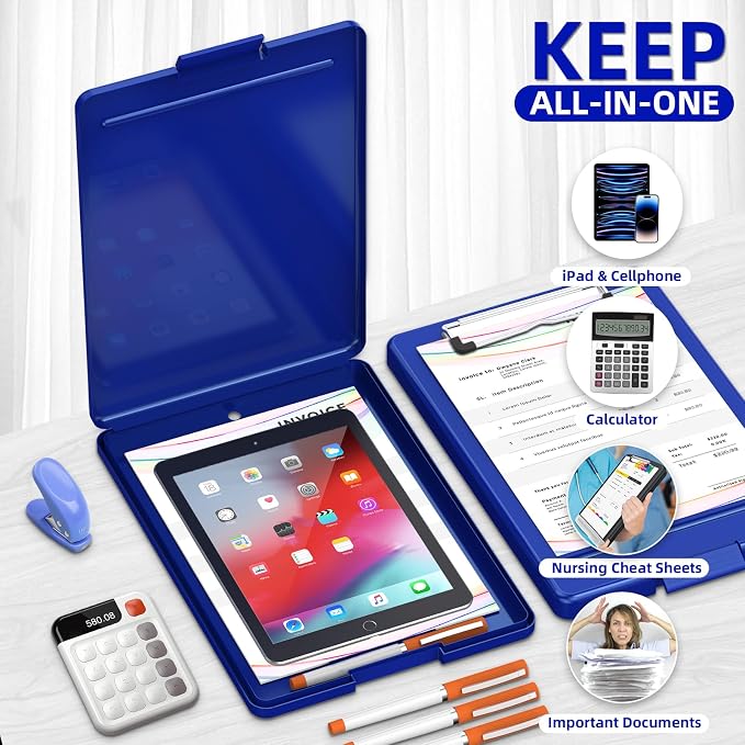 Clipboard with Storage, Plastic Storage Nursing Slim Clipboard with Low Profile Clip, Foldable Letter Size for Nurse, Kid, Salary, Coach, Jobsite, Industrial, Office(9" x 13"x 0.8", Blue)