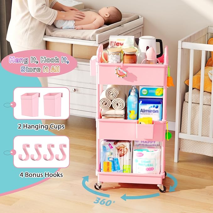SUNALLY Baby Diaper Caddy Cart, 3 Tier Rolling Diaper Cart for Nursery,Pink | Large Capacity & Easy Assemble Diaper Storage Organizer with Lockable Wheels for Newborn, New Mom, Baby Girl Boy Essentials