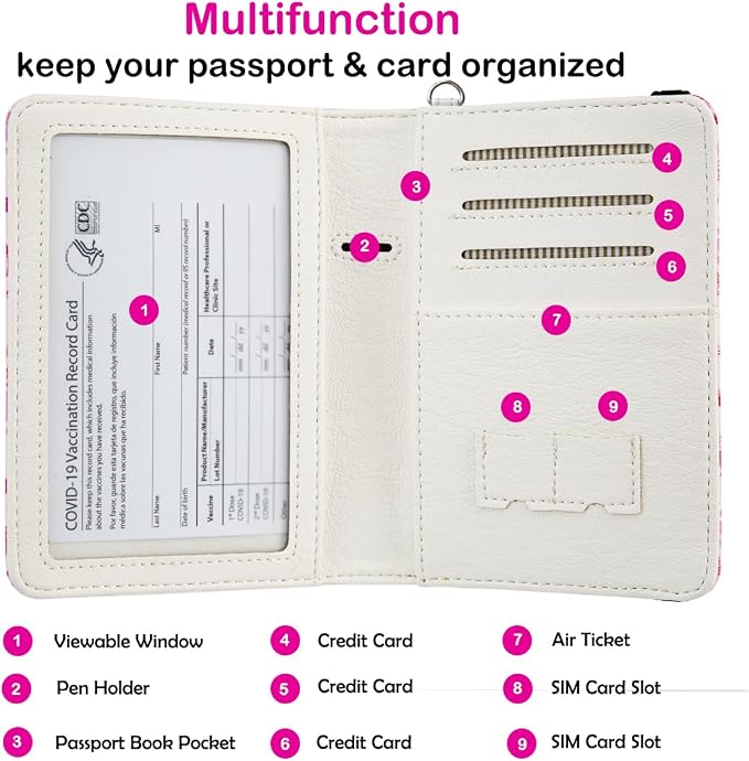 Passport Holder,Cute Passport Cover,Travel Wallet with Credit Card Slots Rfid passport Wallet Waterproof Documents Organizer Women Men (Red rose)