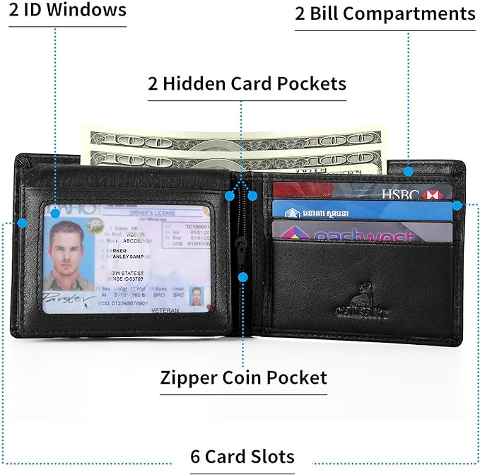 Slim RFID Blocking Leather Wallet for Men, Front Pocket Bifold Wallet with Zipper Coin Pocket and 2 ID Windows, Credit Card Holder