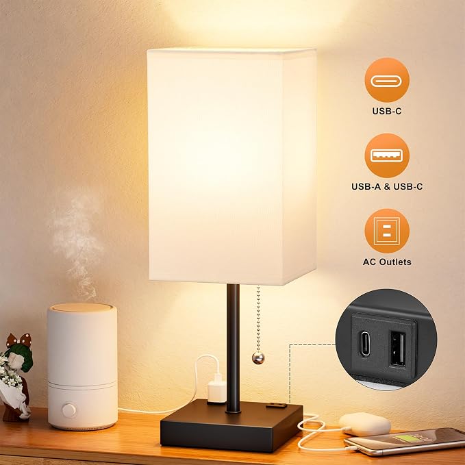 Bedside Lamp for Bedroom - 3 Color Temperatures, USB A+C, 2 AC Outlets | Pull Chain Switch, LED Bulb Included, White Fabric Shade, 17.4" Table Lamp for Nightstand, Desk, Living Room, Office