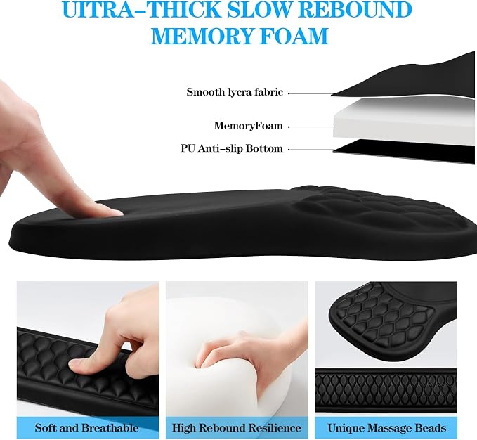 Wrist Rest for Computer Keyboard and Mouse Pad Set with Massage Design | Ergonomic Memory Foam Wrist Support Mouse Pad for Pain Relief, Easy Typing, Desk Wrist Pad for Office Home(2-in-1 Black)