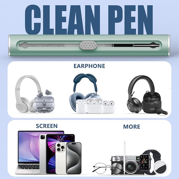 Inesore Multi Cleaning Kit for AirPods & All Bluetooth Earbuds (Green) | 3-in-1 Design with Brush,Sponge & Metal Tip, Airpod Cleaning, Phone Cleaner, Earbud Cleaning, Electronic Device Cleaning Tool