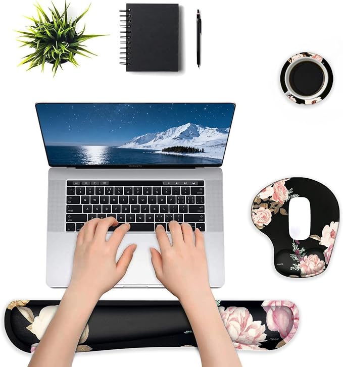 MOSISO Curved Wrist Rest Support for Mouse Pad&Keyboard Set, Black | Peony Ergonomic Mousepad Non-Slip Base Home/Office Pain Relief&Easy Typing Cushion with Neoprene Cloth&Raised Memory Foam