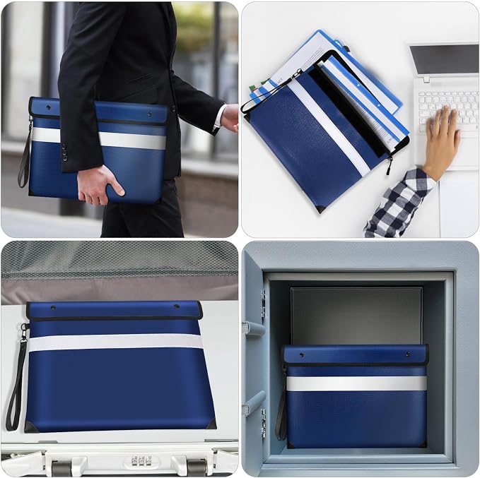 Vailoin 6200°F Fireproof Document Bag, 8 Layers of Heat Insulated Materials | Double-sided Reflective Strip, Waterproof Zipper,Certified to SGS UL94 V-1, for Tablet, Cash, A4-sized documents（Blue）