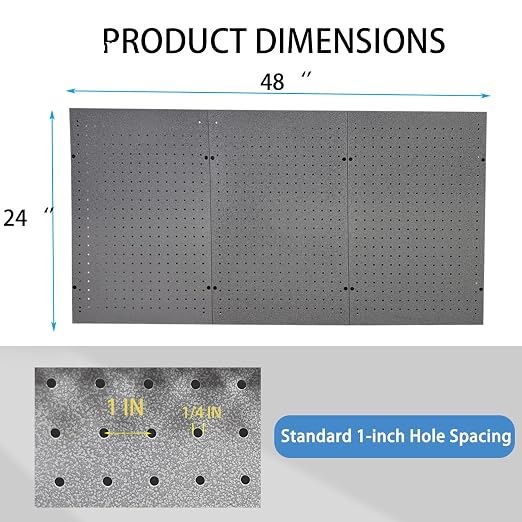 3 PCs Metal Pegboard Heavy Duty Peg Board Kit Wall Organizer 48" x 24" Tool Storage Board for Garage Basement Includes Screws Kits, Grey