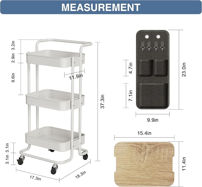 DTK 3-Tier Rolling Cart with Table Top, Metal Utility Cart with Side Bags | Tray Storage Organizer, Lockable Wheels, 4 Hooks, Art Cart for Kitchen, Bathroom, Office, Craft room, Living room, White