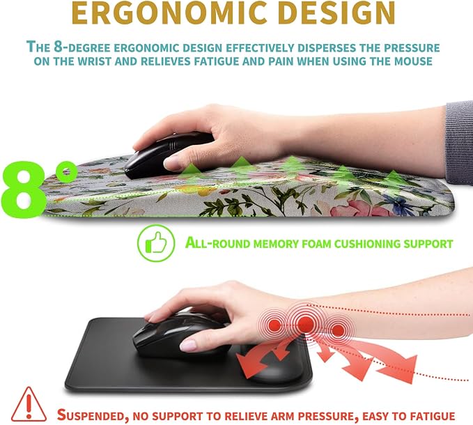 Hokafenle Ergonomic Mouse Pad Wrist Support with Massage Design, Wrist Rest Pain Relief Mousepad with Memory Foam&Non-Slip PU Base, Mouse Pads for Wireless Mouse & Desk (12x8 inch,Colorful Flowers)
