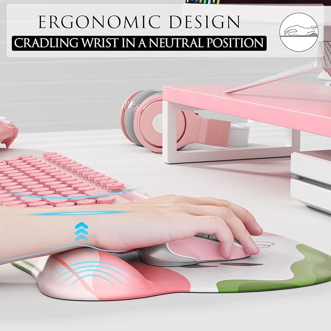 MROCO Ergonomic Mouse Pad with Gel Wrist Rest, 9.4 x 8.1 in, Pastel Petals | Ergonomic Shape Design, Multiple Pattern Options, Gel Wrist Comfort, Smooth Lycra Surface, Non-Slip PU Base