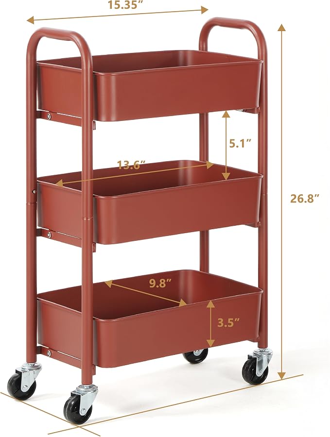 SunnyPoint 3-Tier Delicate Compact Rolling Metal Storage Organizer - Mobile Utility Cart Kitchen/Under Desk Cart with Caster Wheels (RED, 15.35" X 10.24" X 26.8"H)