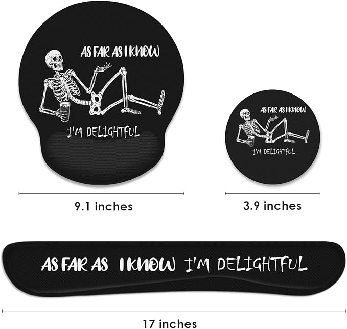 Ergonomic Mouse Pad Set with Wrist Rest, Black Skull Skeleton | Non-Slip Rubber Base Wrist Cushion Support and Coasters Mousepad with Wrist Support for Computer Keyboard