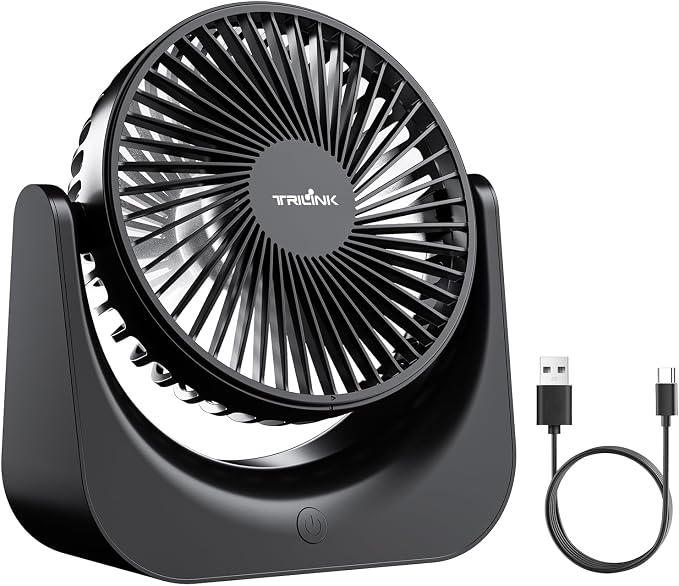 TRILINK Small USB Desk Fan – 5-Speed Mini Table Fan with Adjustable Tilt, Ultra Quiet, USB Powered, Portable Cooling Fan for Home, Desktop, Bedroom, Bed, Office, Travel, and Camping (Black)