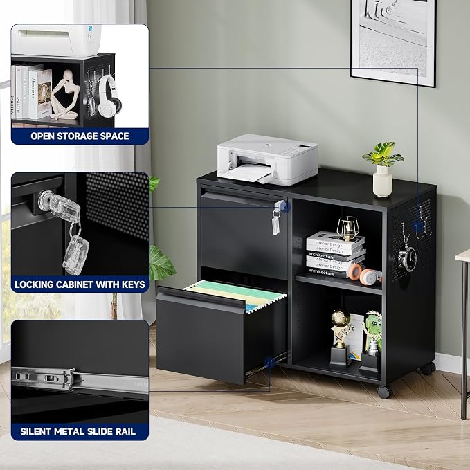 2-Drawer Metal File Cabinet with Lock, Mobile Lateral Filing Cabinet, Printer Stand with Adjustable Storage Shelves for Home Office (Black)