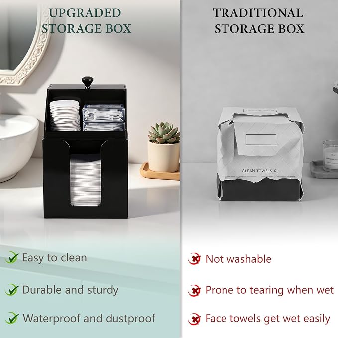 Anyoifax Disposable Facial Towels Storage Double Layer Acrylic Box, Black | Face Towelettes Holder with Clean Skin Club Clean Towel XL Cotton Pads Container Qtip Bin for Bathroom Counter