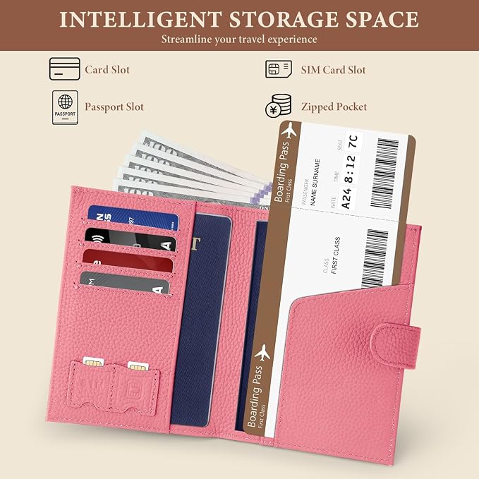 Genuine Leather Passport Holder for Women Men, Hidden Airtag Pocket, RFID Blocking, Zippered Coins Pocket & Cash Compartment Travel Gifts Essentials Passport Cover Case - Hot pink