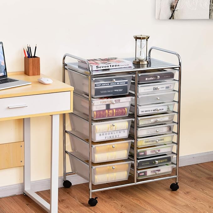 RELAX4LIFE 15-Drawer Rolling Storage Drawer Cart Organizer | 34.5"H Chrome Frame, Semi-Transparent Clear Drawers Rolling Wheels; School Office Home Salon Multipurpose Utility Storage
