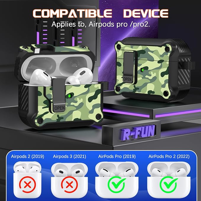 R-FUN for AirPods Pro 2 Case with Lock Magnetic Lid, Rain Camouflage | Compatible with AirPods Pro 2nd Generation and AirPods Pro 1st Generation (2019) Case with Cleaner Kit & Carabiner, MagSafe