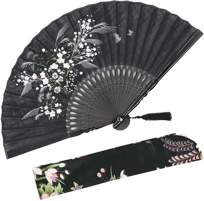 OMyTea Folding Hand Fan for Women - Foldable Japanese Chinese Oriental Vintage Retro Bamboo Silk Fan - for Church, Decoration, Hot Flash, Dance, Performance, Party, Gift (Black Grassflowers)
