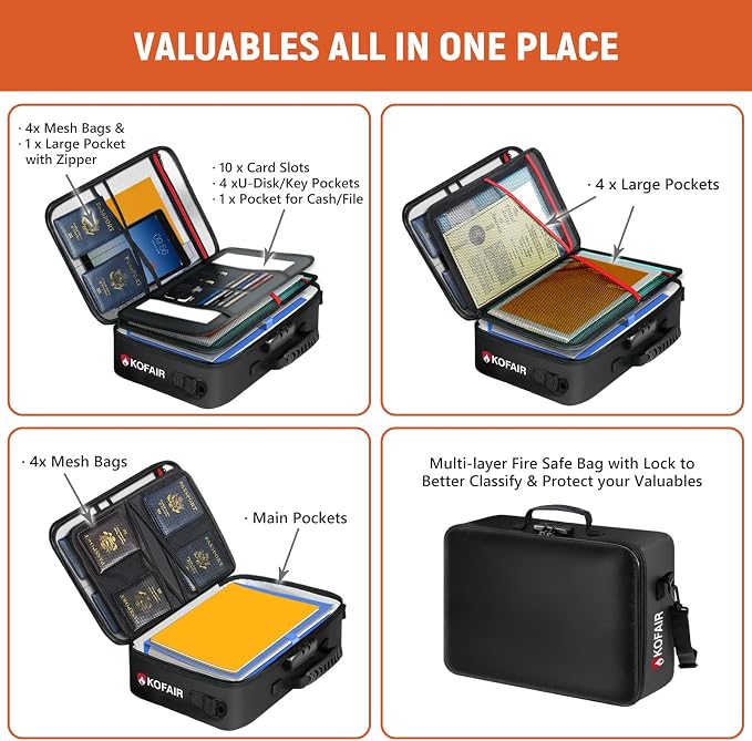 Fireproof Document Bag (17 x 12 x 5 inch) with Lock, 5200°F Fireproof Document Lock Box with Shoulder Strap, Multi-Layer Important Document Safe Storage, Fire Safe File Organizer