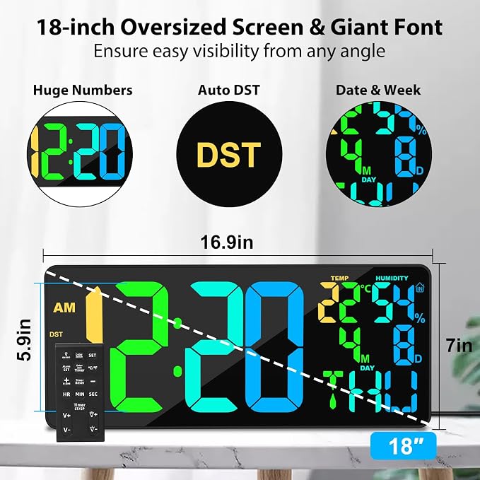 [Oversized] 18" Digital Wall Clock Large Display, 11 RGB Color Changing Large Digital Wall Clock with Remote, Date, DST, Temperature, Auto Brightness Digital Alarm Clock for All Spaces Use