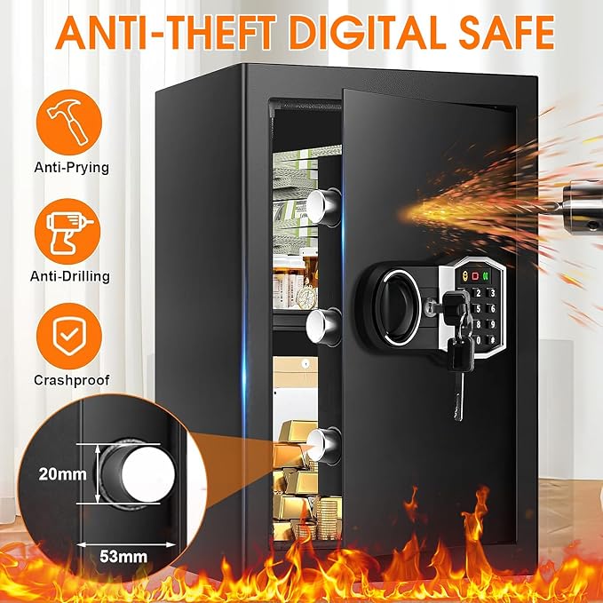 3.4 Cub Large Safes for Home, Security Fire Safe Box with Spare Keys, Alarm System, Digital Keypad and Removable Shelf, Anti-Theft Fireproof and Waterproof Safe Home for Document Medicine Valuables