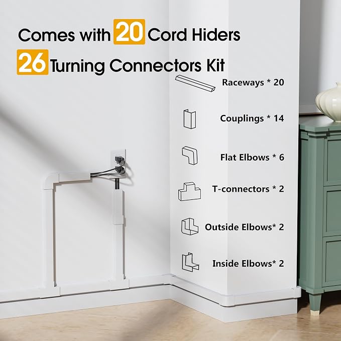 283.5in Cord Hider Wall, Cord Covers for 2-4 Wires on Wall, Premium Cable Hider Wire Covers for Cords on Wall, Easy Set-up Wire Hiders for TV on Walls, TV Cable Cover Raceway, W0.95 H0.55in, White