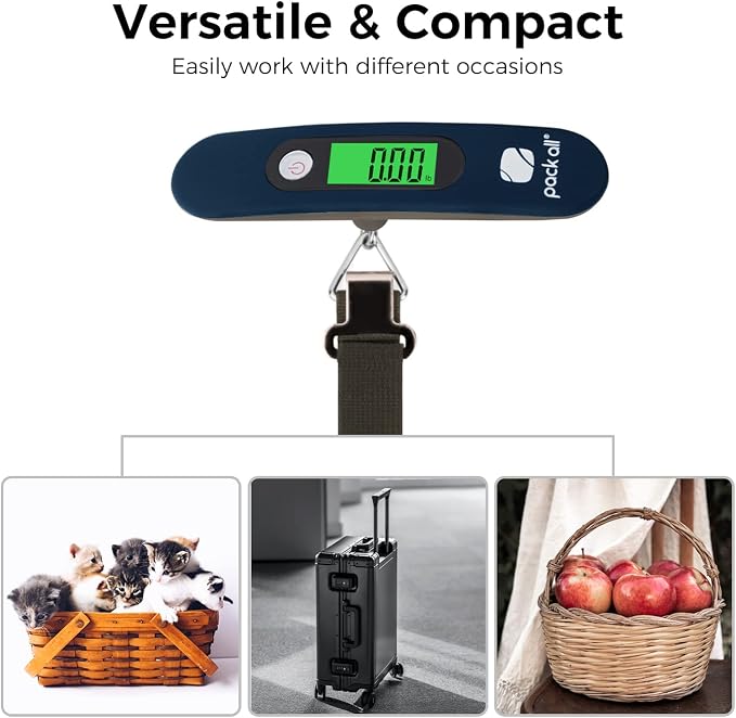 pack all Digital Luggage Scale for Travel, 110Lbs Capacity, 0.1Lb Precision | Handheld, Backlit LCD Display, Lb/Kg/Oz/g Conversion, Tare Function, Battery Included, Blue
