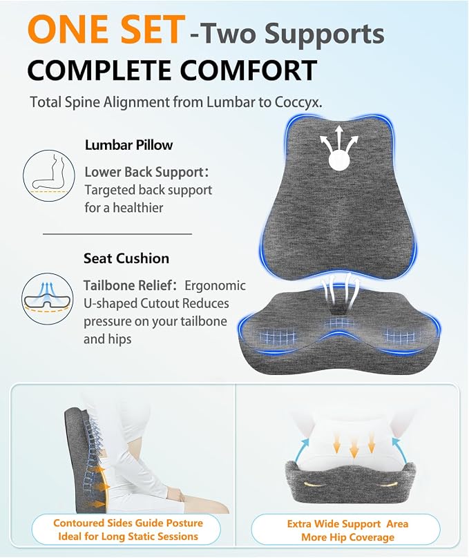 Lumbar Support Pillow & Seat Cushion for Office Chair, Memory Foam Office Chair Cushion for Tailbone Pain Relief and Lower Back Support, Ergonomic Desk Chair Cushion for Gaming, Wheelchair,Home