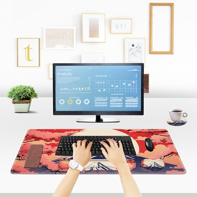 ToLuLu Large Mouse Pad Desk Pad Set, Wrist Rest Support Desk Mat for Keyboard Mouse, 4PCS 35.4”x15.7 XXL Giant Mouse Pad, Non-Slip Base Mousepad Office Desk Decor, Japanese Moon Red Cherry Blossom