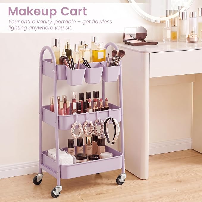 3-Tier Rolling Cart, Utility Cart Mobile Metal Rolling Storage Cart with Lockable Wheels & Hanging Cups & Hooks for Kitchen, Bathroom, Office, Workshop, Purple