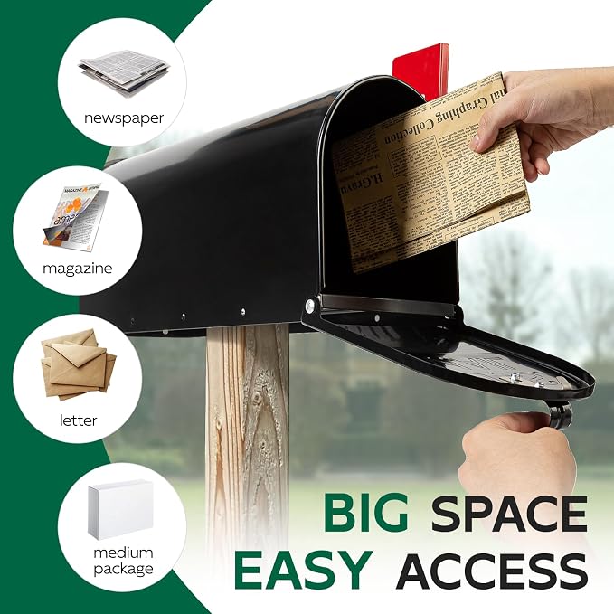 BlissBoard Mailboxes for Outside, Galvanized Steel Medium Black Metal Mailbox, 20 x 8.7 x 6.7 Inches