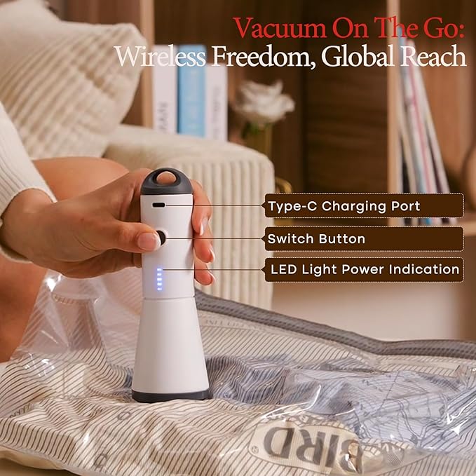 Vacbird Travel Vacuum Bags with Rechargeable Pump, Carry-On Space Saver | See Contents Easily with Transparent Bags, 1500mAh Pump Compresses 90+ Bags, Carry-On Size for Easy Travel Packing