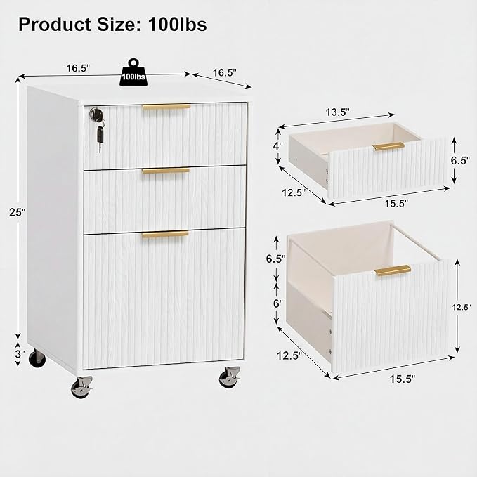 3 Drawers Fluted Mobile File Cabinet with Lock, Rolling File Cabinet Printer Stand Table, Under Desk Wooden Filing Cabinets for Home Office Essentials Storage Organization Furniture Letters/A4(White)