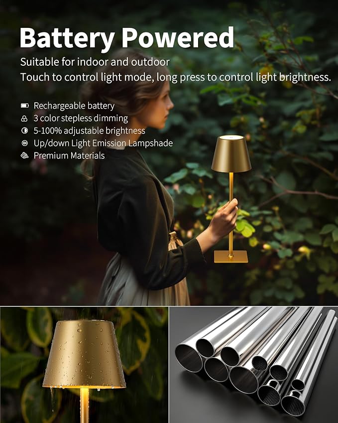 KDG Gold Cordless Table Lamps Set of 2, 4000mAh Rechargeable LED Desk Lamp | Portable, Battery Operated, 3 Color Stepless Dimming, for Restaurant, Outdoor Camping, Coffee Shop, Bedroom, Night Light