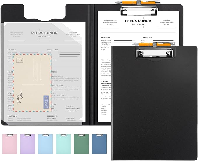 Sooez Foldable Clipboard Folder, A4 Folding Clip Board with Pen Loop 8.5x11 | 2 Tabbed Pockets, 360° Portfolio, Binder Clipboards with Low-Profile Metal Clip, Folio Storage for Nursing, School & Office