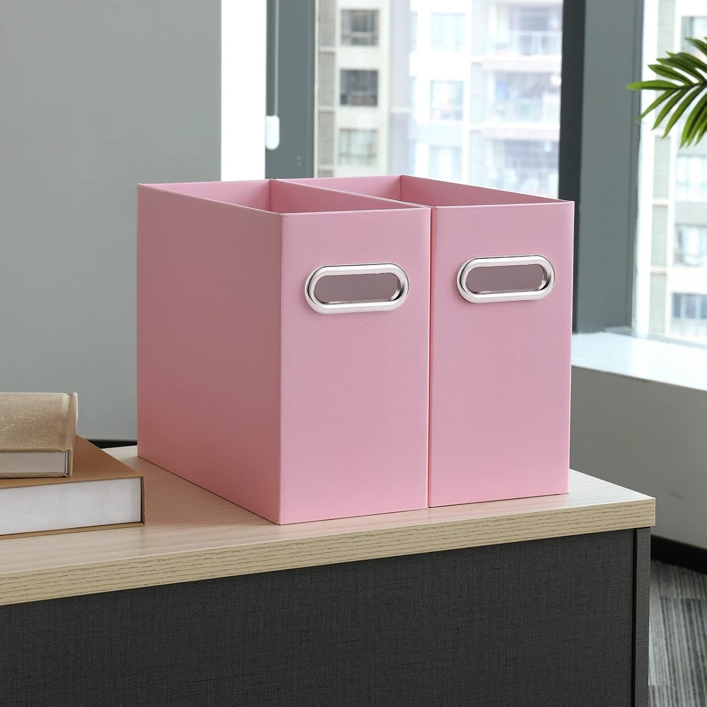 Oterri File Organizer, 6 Packs Small Storage Box, Cardboard File Folder Organizer, Collapsible File Box for Hanging File Folders Letter Size, Portable Filing Organizer with Handle（Pink）