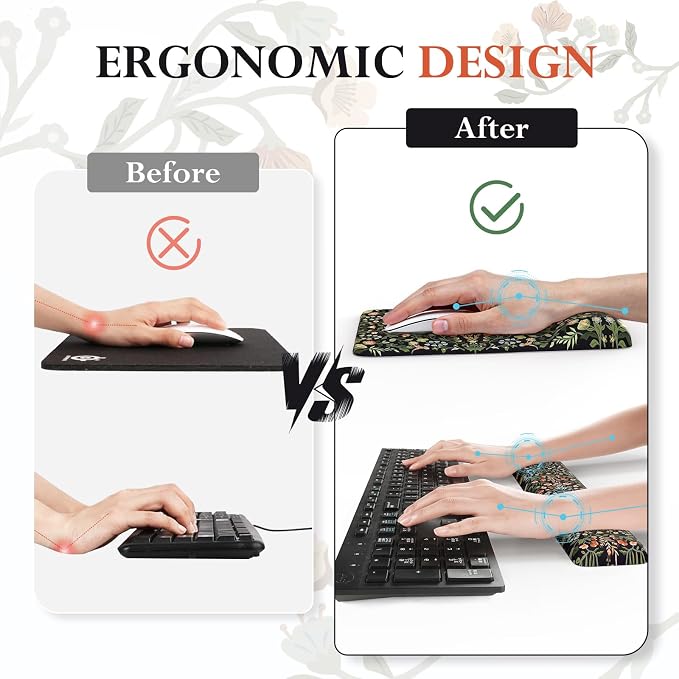 iCasso Mouse Pad with Wrist Rest,Ergonomic Large Desk Mat Set, Black | Keyboard Pad with Wrist Support, Non-Slip Mouse Mat for Women, Cute Floral Computer Mat for Home Office Gaming