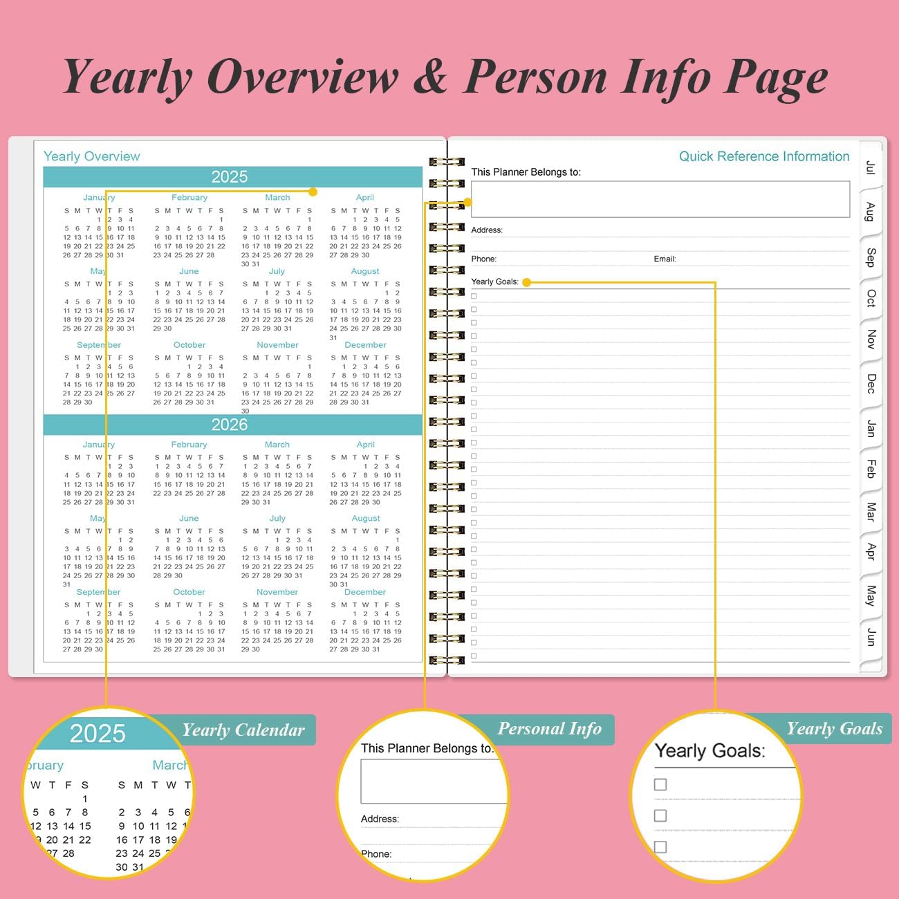 2025-2026 Planner - Academic Planner 2025-2026 from July 2025 to June 2026 with 12 Monthly Tabs, Flexible Cover, Inner Pocket, 8.5" x 11", Pink
