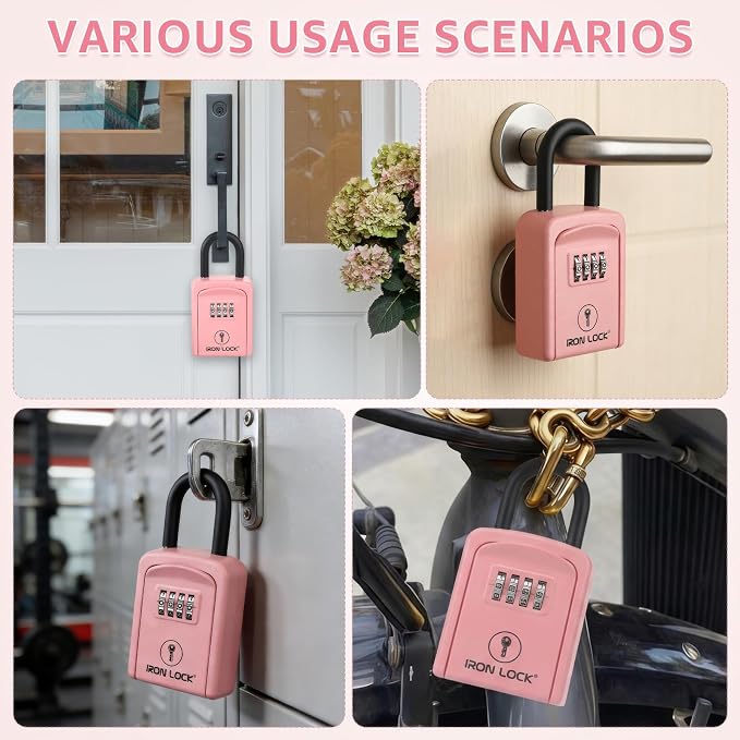 Iron Lock® Small Portable Key Lock Box with Code, U-Shackle (Small, Pink) | U-shackle opens fully out to loop over a handle, gate, latch or rail; rolling combination dials, no app, no battery