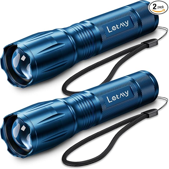 LETMY Tactical Flashlight - 2 Pack LED Flashlights High Lumens - Portable Handheld Flash Light, 5 Modes Zoomable Waterproof Flashlights for Home Emergency Camping- Blue