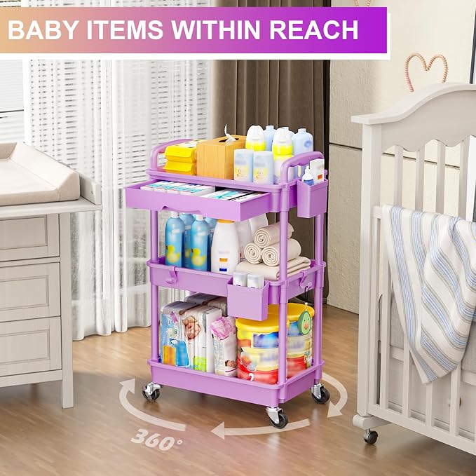 Goovilla 3 Tier Rolling Utility Cart Organizer with Removable Drawer,Purple | Stable and Sturdy Rolling Storage Carts with 2 Lockable Wheels for Bathroom, Kitchen, Snack, Craft, Makeup, Baby Essentials
