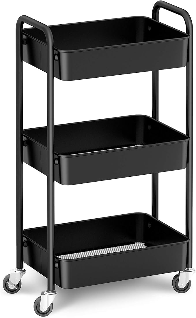 3-Tier Rolling Metal Storage Organizer - Mobile Utility Cart, Kitchen Cart with Caster Wheels (Black)