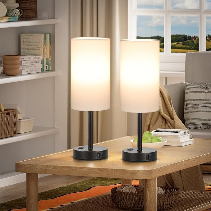 Touch Bedside Table Lamps Set of 2 - Bedroom Lamp with USB A+C, AC Outlet | 3-Way Dimmable, LED Bulb Included, White Fabric Lampshade, Matte Black Metal Base & Pole,17" Tall Nightstand Lamp for Desk