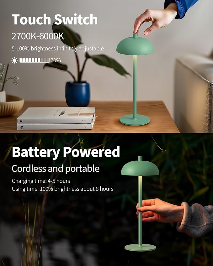 12" Cordless Table Lamps Set of 2, Green Modern Portable Desk Lamp | LED, 3 Color Dimming, Rechargeable, Battery Operated Lights for Bedroom, Outdoor, Restaurant, Bedside, Night Light, Gifts
