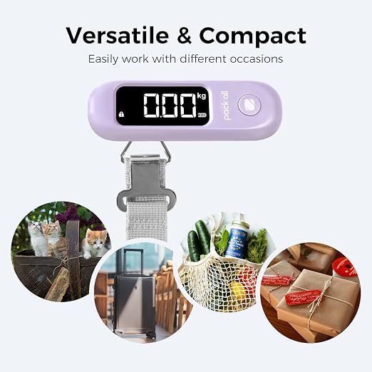 pack all Digital Luggage Scale for Travel, 110Lbs Capacity, 0.1Lb Precision | Handheld, Backlit LCD Display, Lb/Kg/Oz Conversion, Tare Function, Battery Included, Purple