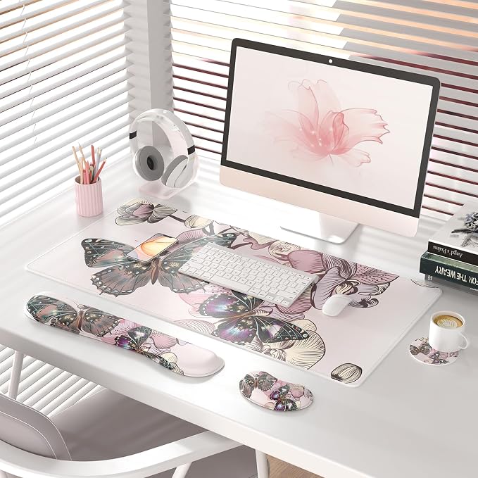 QIYI PU Leather Desk Mat Set, 4-in-1 Ergonomic Wrist Rest, Butterflies | Waterproof Large Mouse Pad 31.5×15.7 + Keyboard Wrist Rest + Mouse Wrist Support+Coaster, Non-Slip Office Gaming Accessories